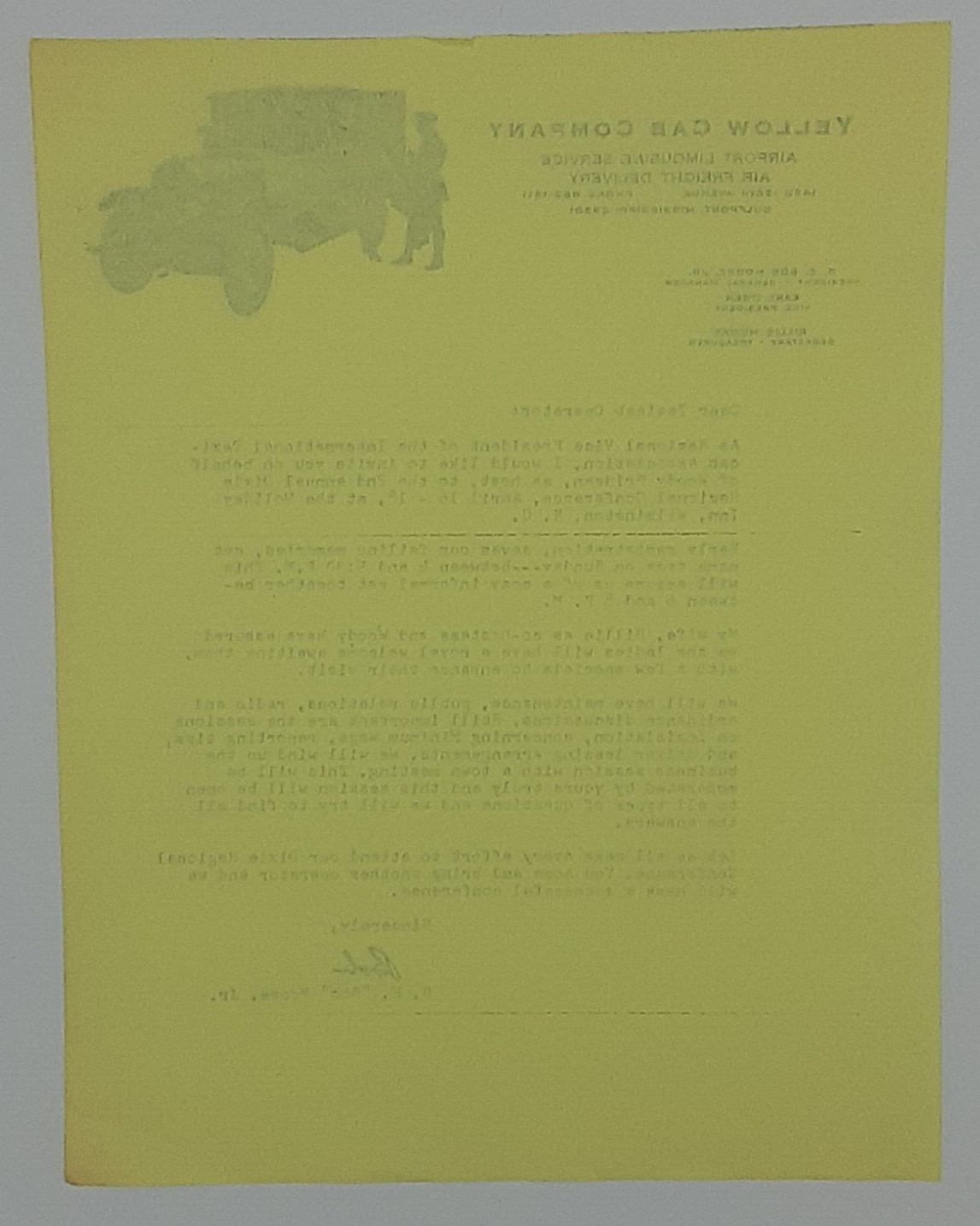 Yellow Cab Company Letterhead Vintage Auto Ephemera Gulfport Mississippi