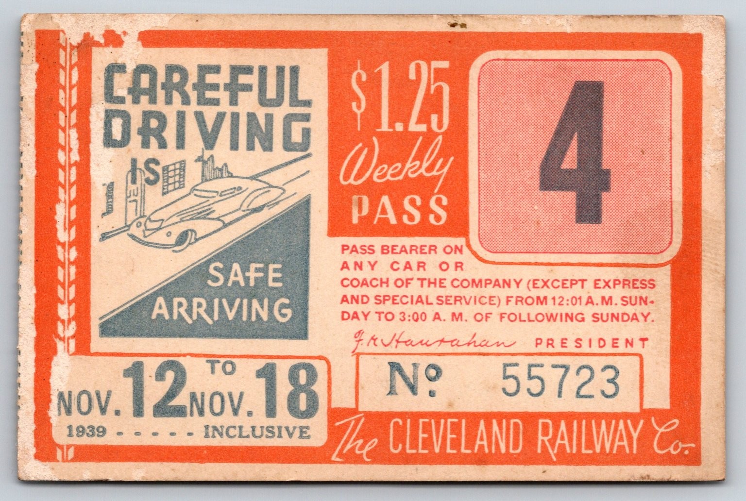 Cleveland Railway Co. Vintage 1939 Art Deco Car Weekly Pass (#24)