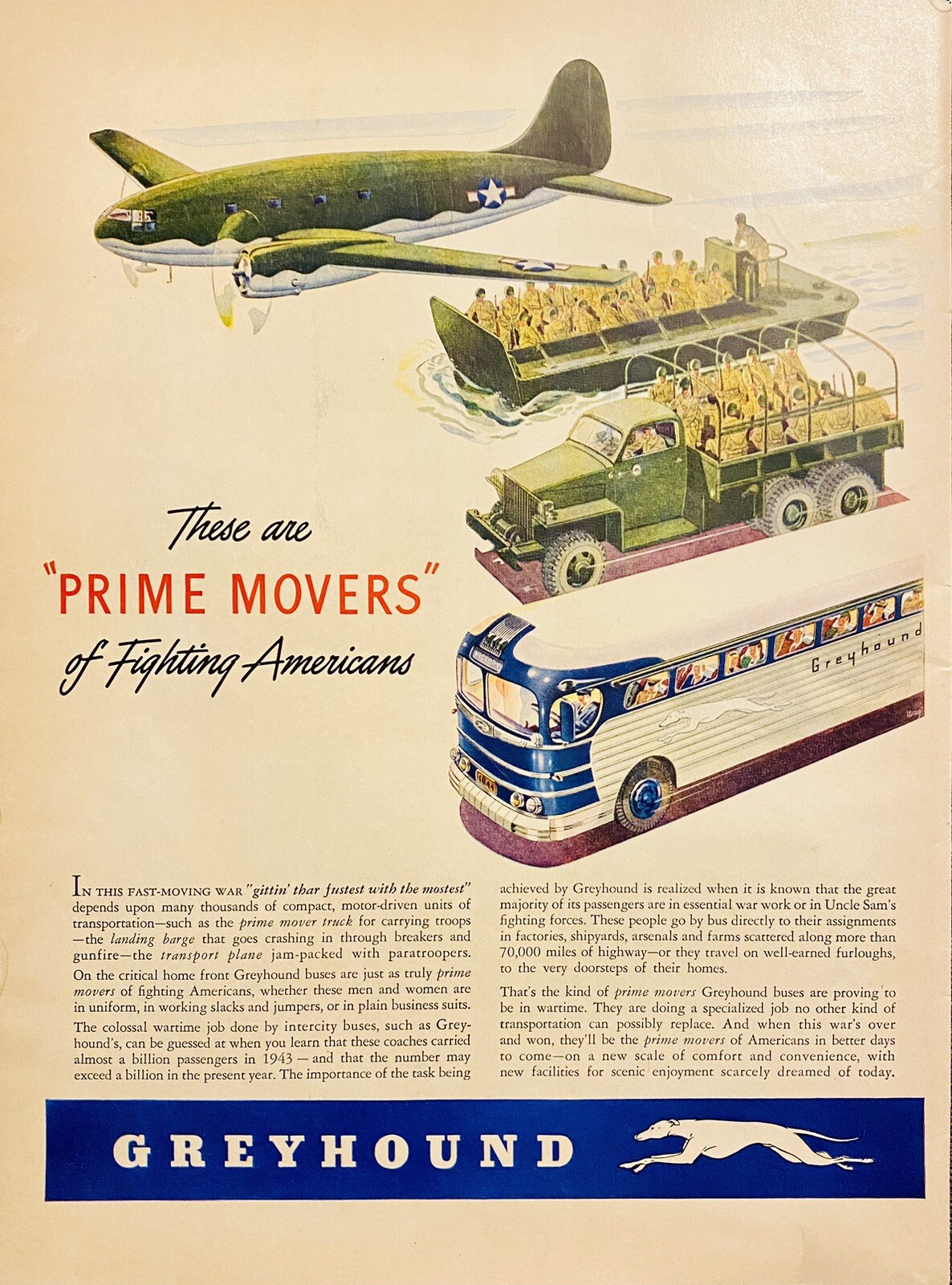 Vtg Print Ad Bus Greyhound WW2 Retro Garage Bar Home Art Military Army Marines