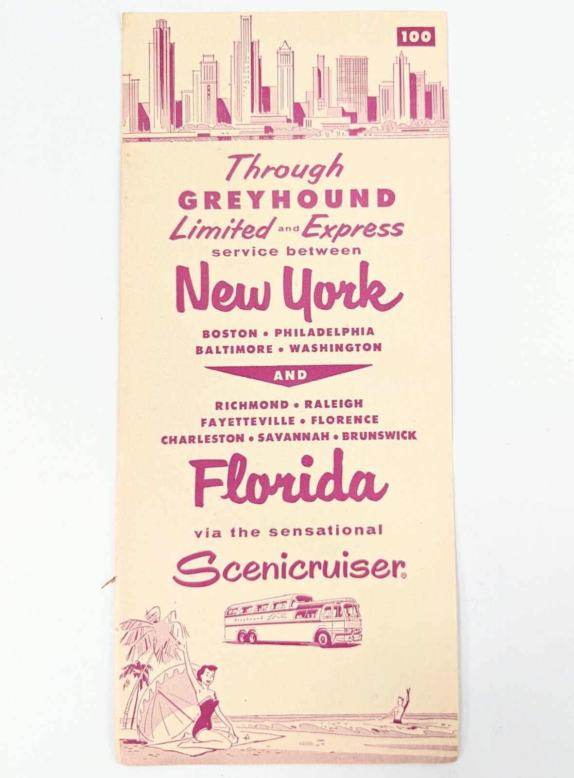 Greyhound Scenicruiser New York Florida 100 Time Table Brochure 1957