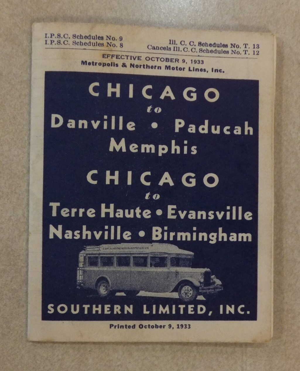 SOUTHERN LIMITED 1933 BUS TIME TABLES STATIONS & MAP CHICAGO & THE SOUTH