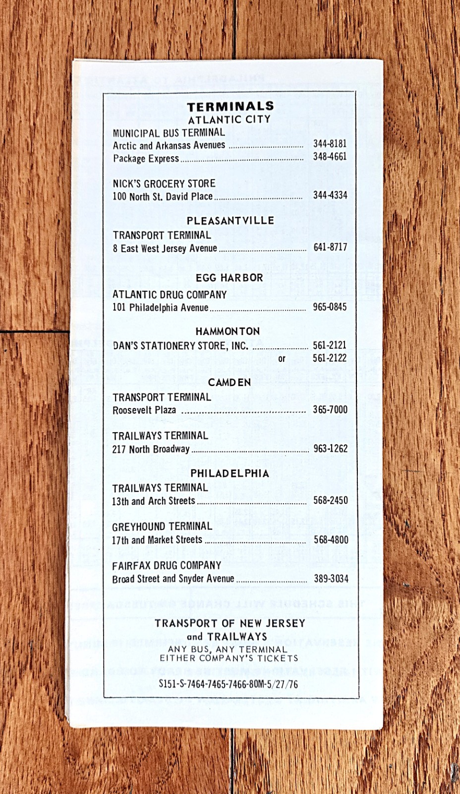 1976 TRANSPORT OF NEW JERSEY TNJ NJT BUS TIME TABLE BOARDWALK SPECIAL NJ