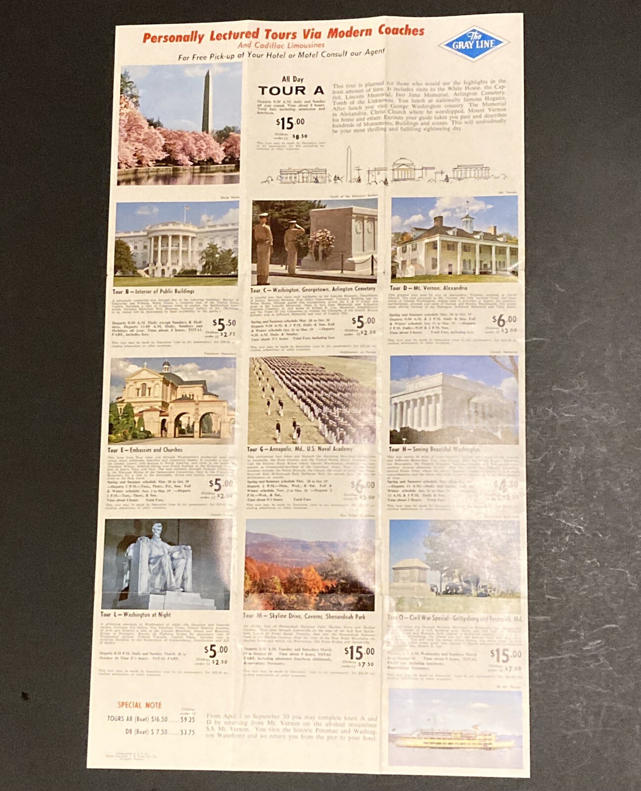 1960 Gray Line Bus Schedule Washington DC Sightseeing Tours Fold Out Brochure