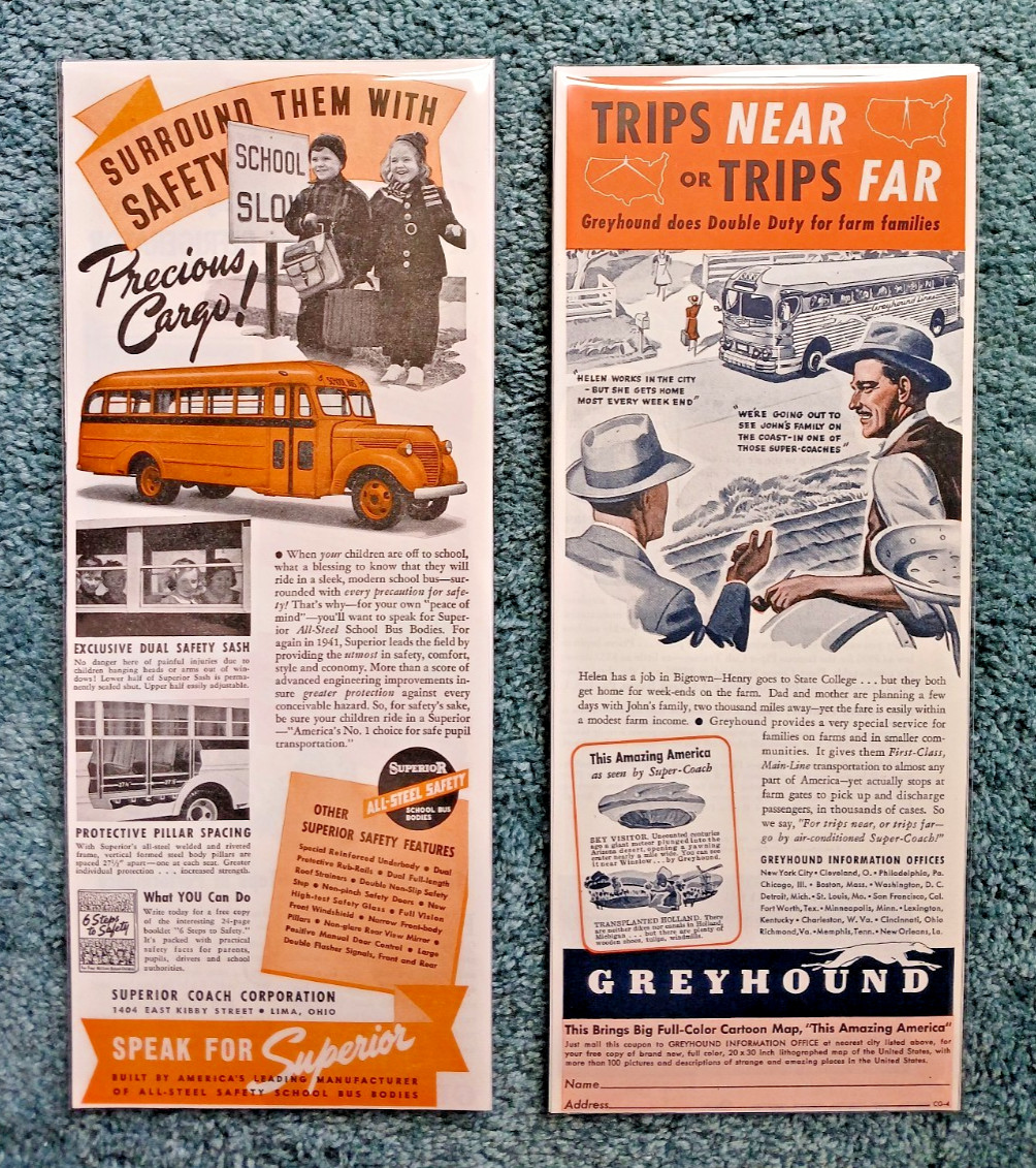 Two Vintage 1940s Print Ads for School Bus and Greyhound Bus