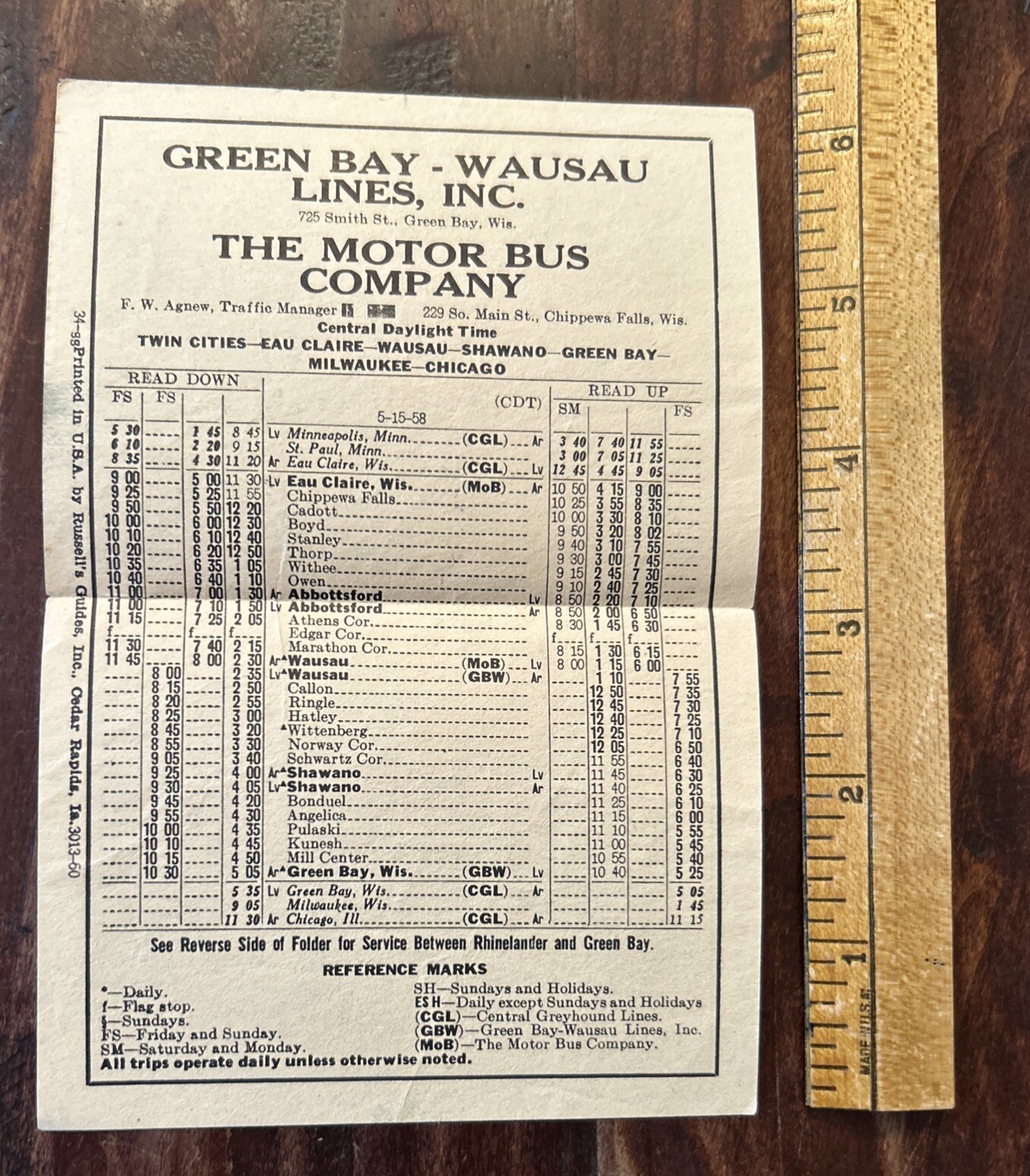 Rare 1958 Green Bay-Wausau Lines/Motor Bus Co Chippewa Falls Wisconsin Schedule