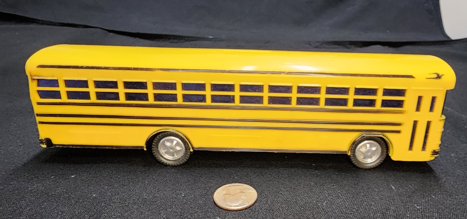 Vtg Yellow Blue Bird School Bus Jimson No. 330 Coin Bank Plastic 10” With Plug