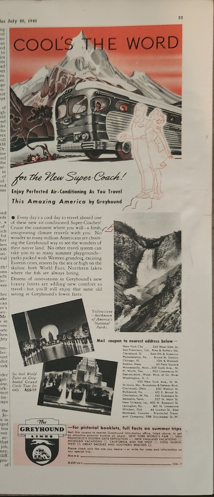 1940 Greyhound Bus Vintage Ad 14 x 5 Cools the Word