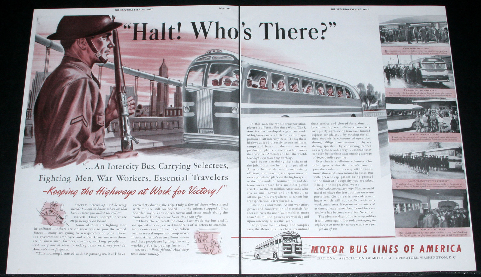 1942 OLD WWII MAGAZINE PRINT AD, MOTOR BUS LINES OF AMERICA, SOLDIERS ABOARD!