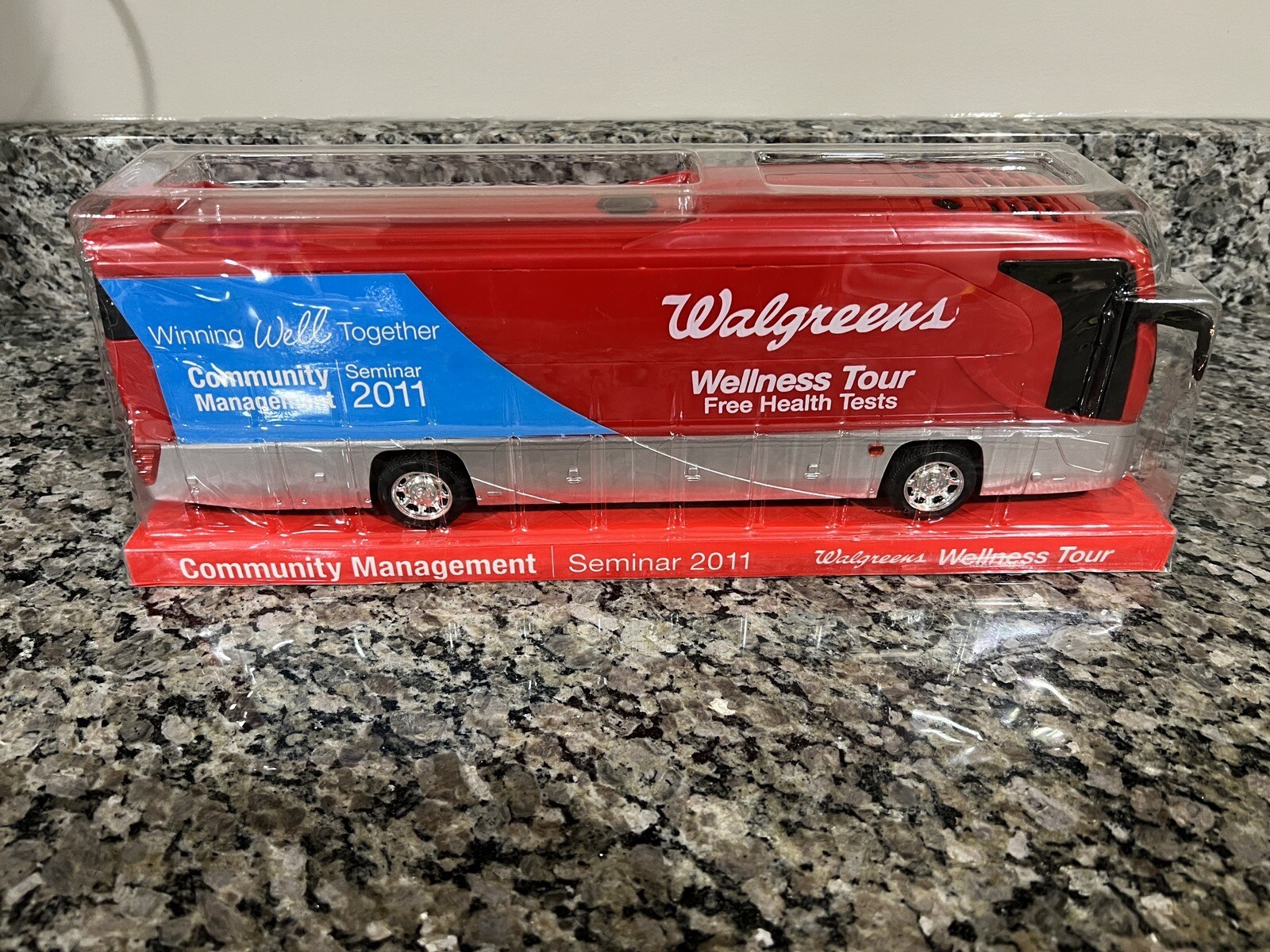 Walgreens Wellness tour plastic toy bus. 2011 New,never opened. 15″ Long