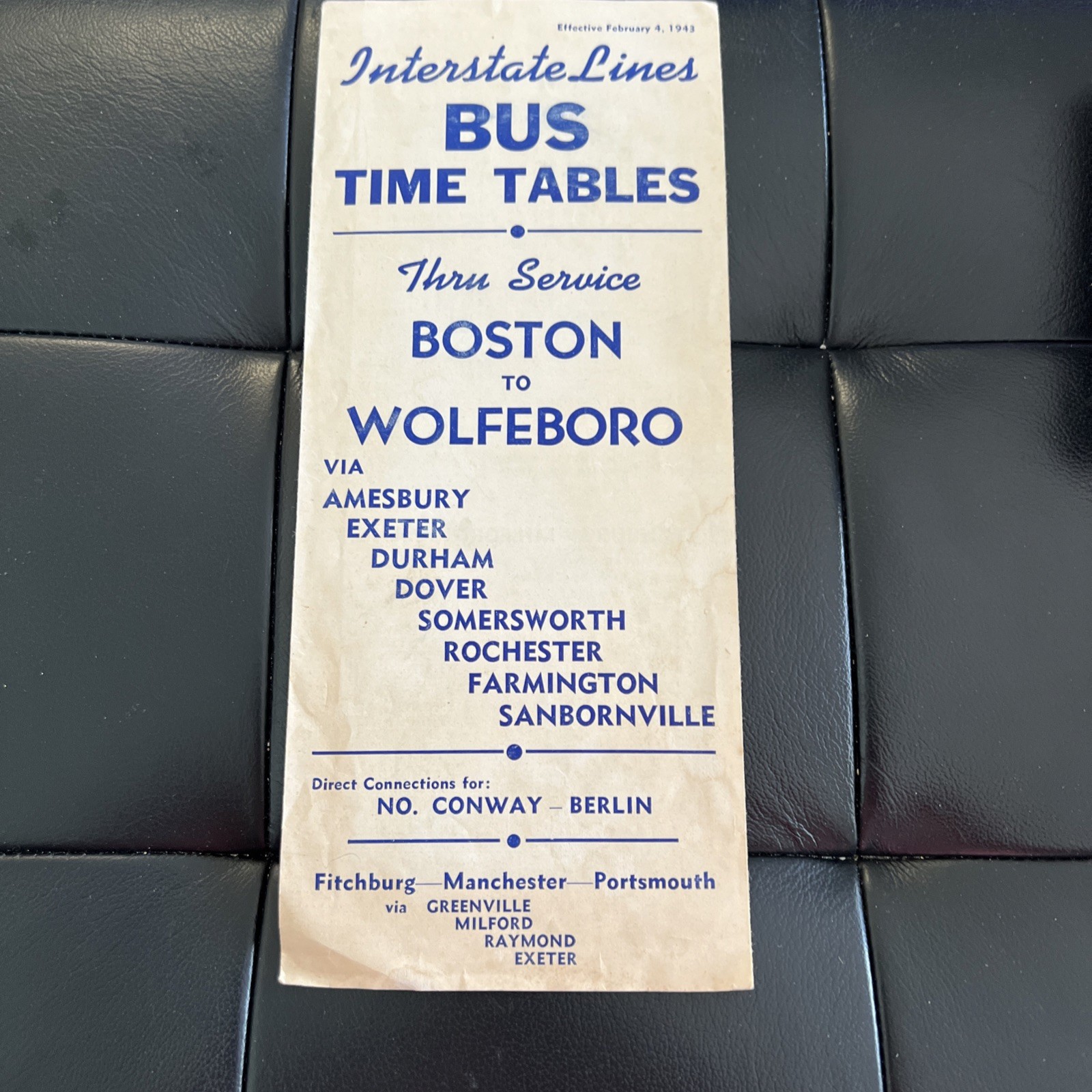 Interstate Bus Lines, Timetables 2/4/1943, Boston To Wolfeboro, NH