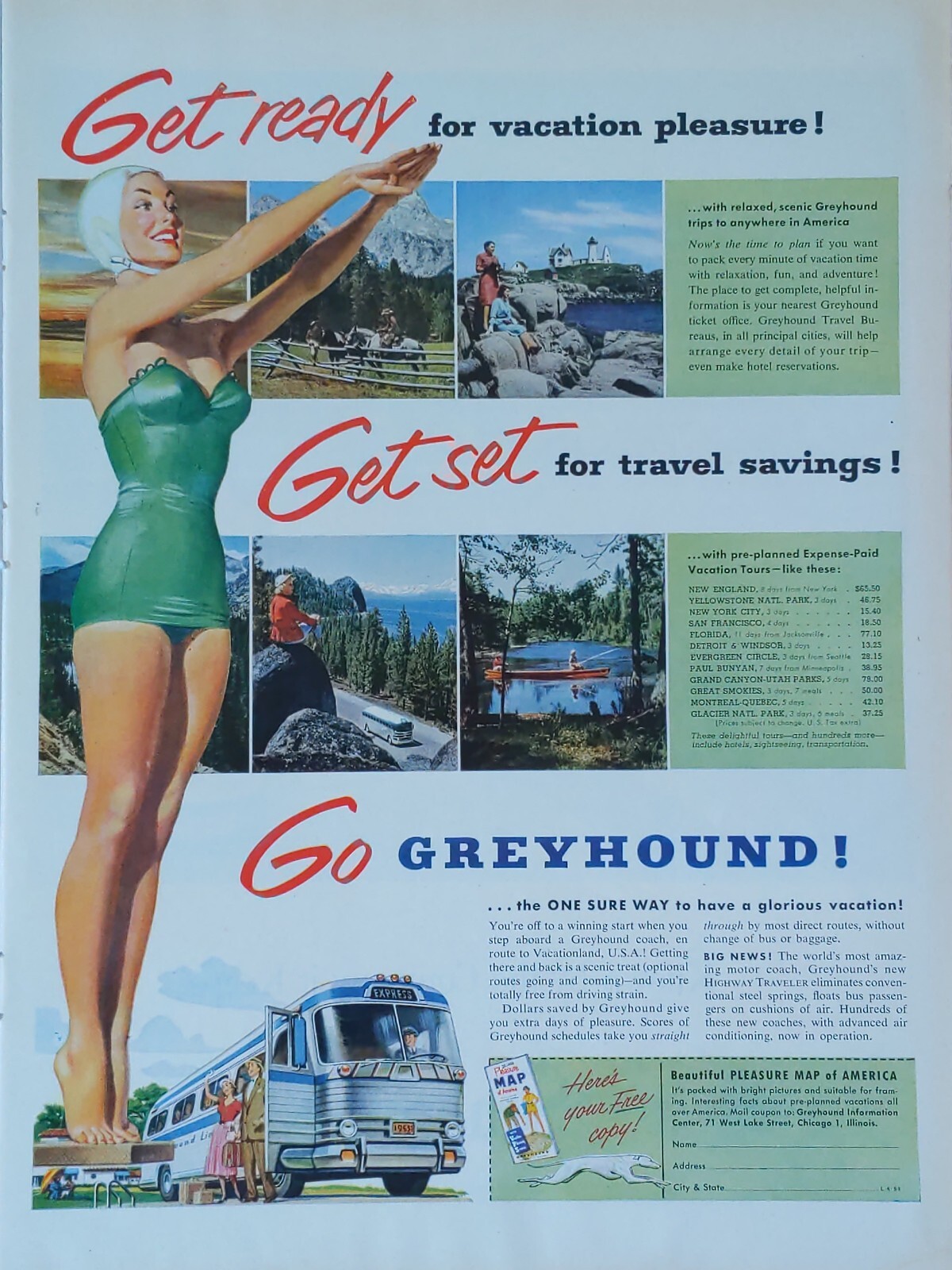 1953 vintage Greyhound original print ad. Get ready, get set, go
