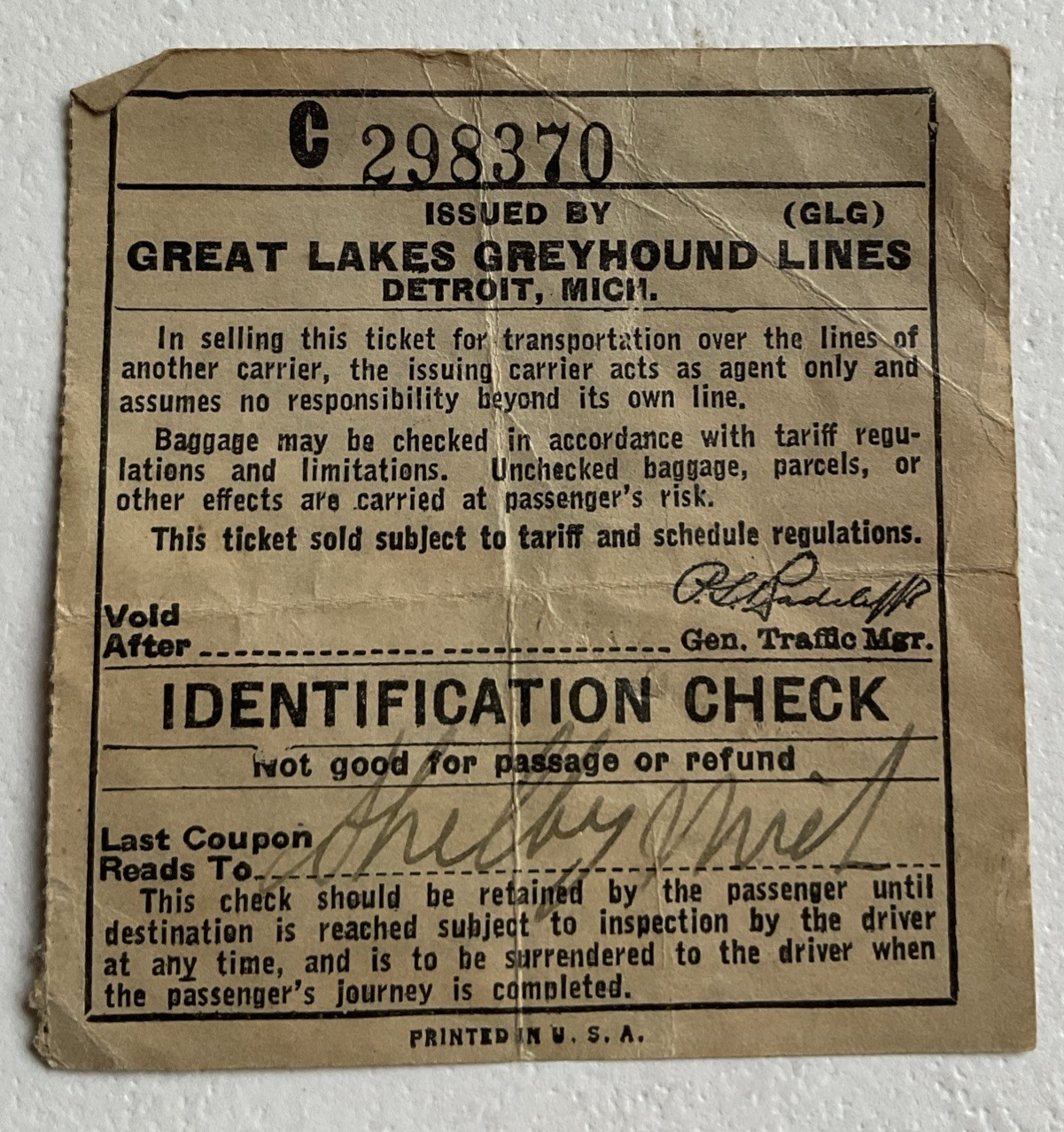 1946 August Great Lakes Greyhound Lines Identification Check Detroit Michigan
