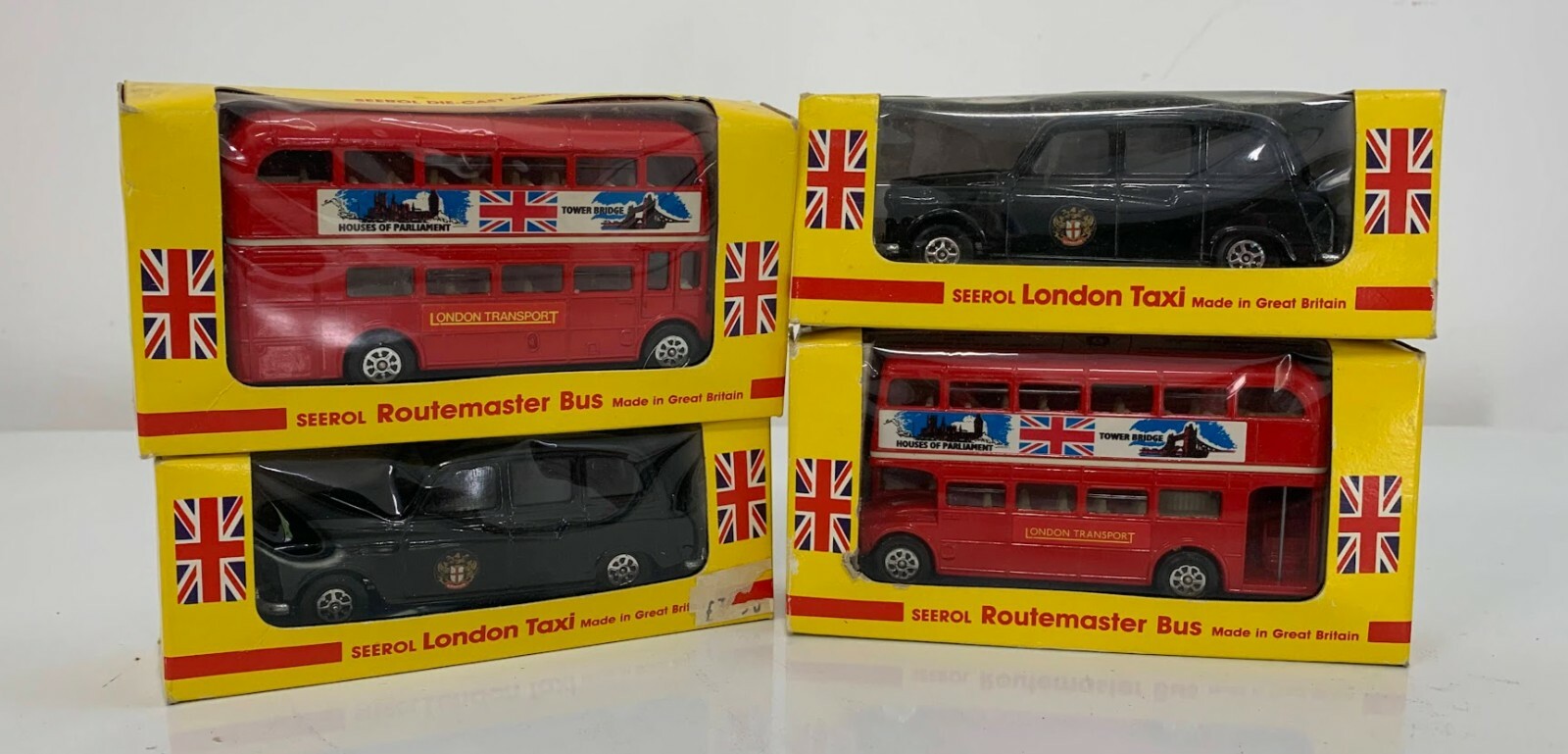 Vtg 1990 Seerol Diecast lot of 4 NIB-Routemaster Bus x2, London Taxi x2 & BONUS