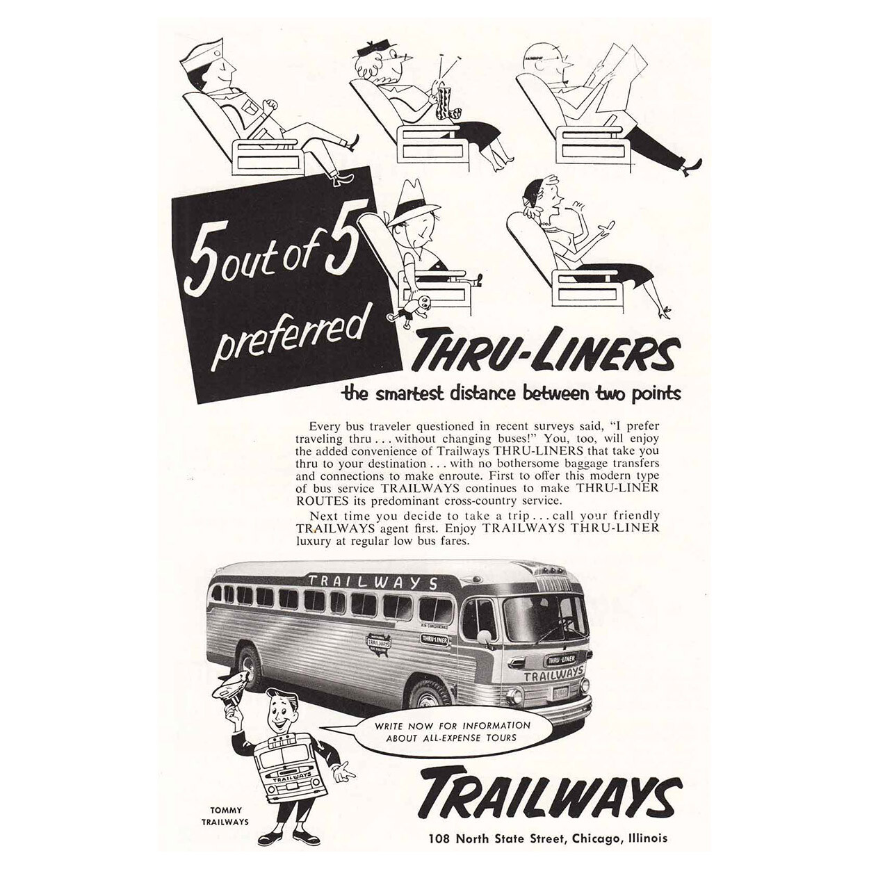 1953 Trailways: Drawing Vintage Print Ad