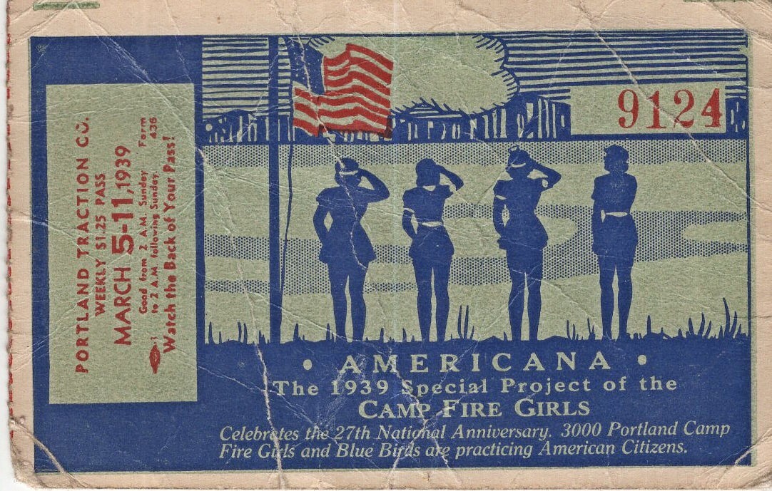 1939 Portland Or Traction Co. Bus Pass Camp Fire Girls Adv. US Flag