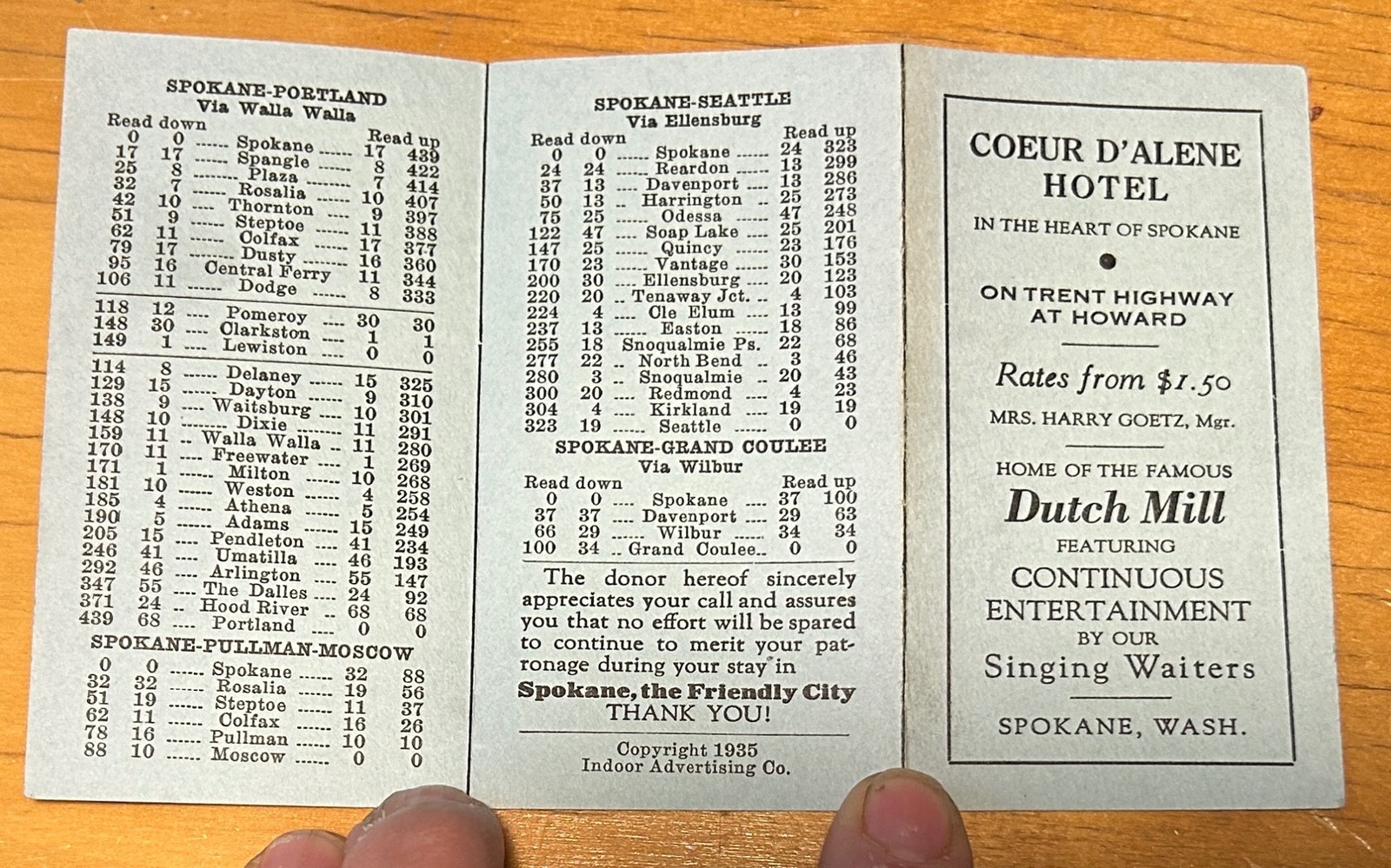1935 SPOKANE WASHINGTON RAILROAD BUS LINES DISTANCE GUIDE COEUR D’ ALENE HOTEL
