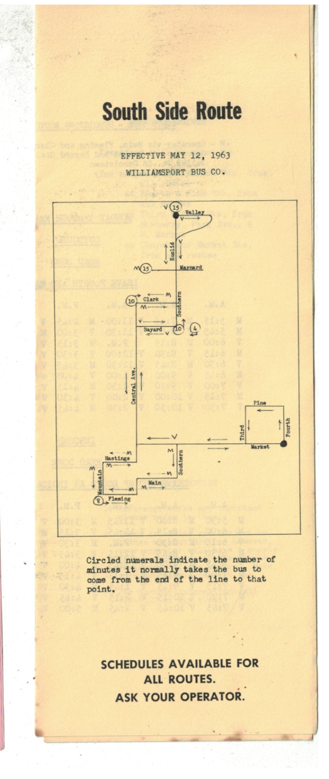 Vintage 1964 Williamsport PA Bus Schedule Route South Side Route