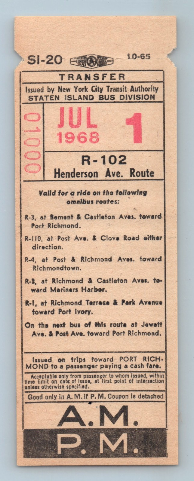 Bus Ticket NYCTA Staten Island R-102 Henderson Ave Route Jul 1 1968 SI-20