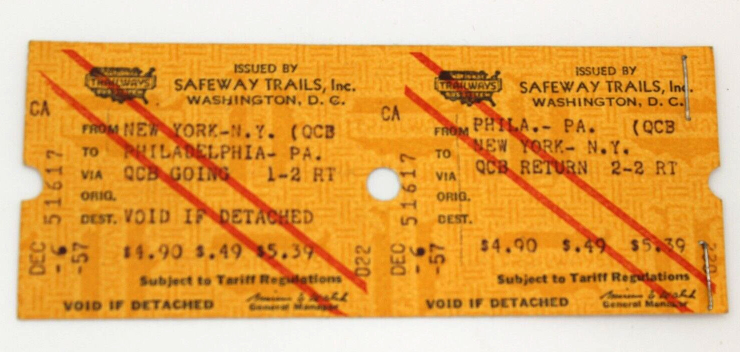 Vintage Safeway Trails Ticket Round trip Phila-New York 1957