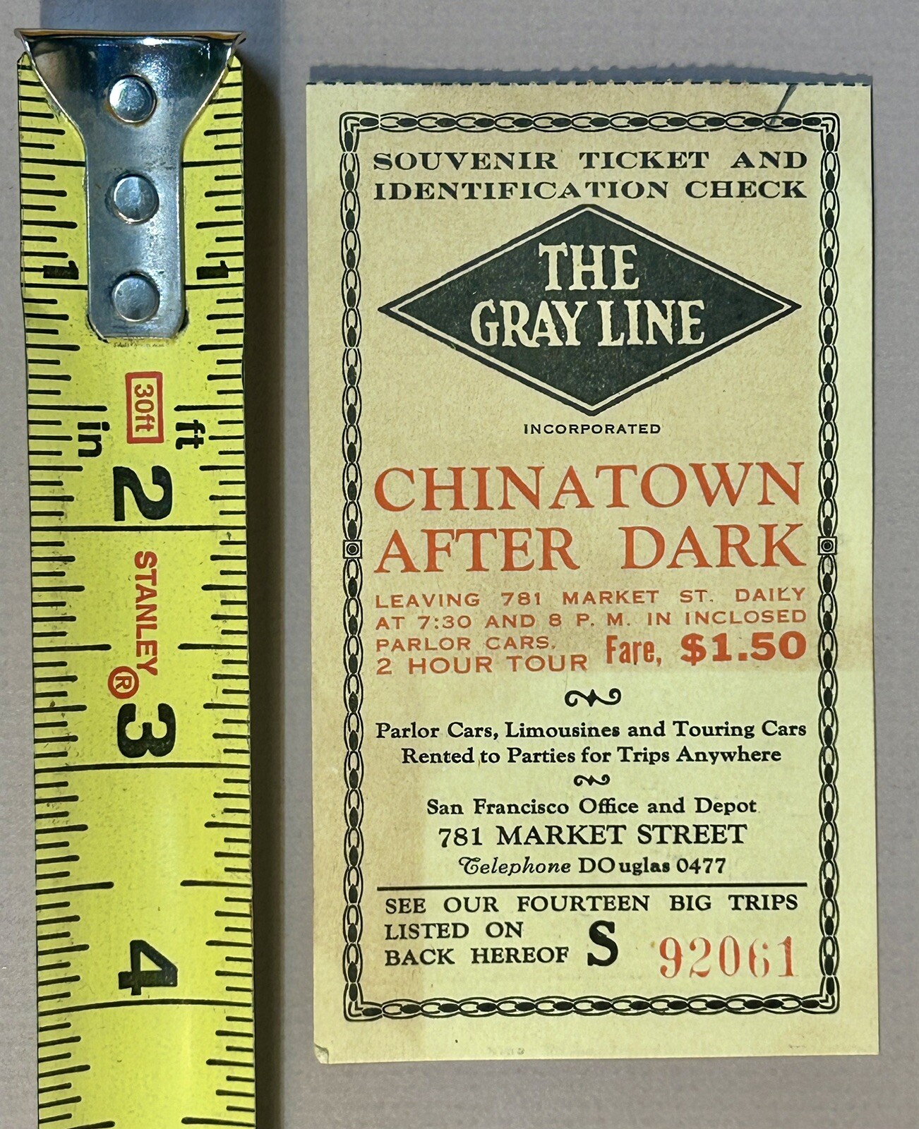 Vintage 1935 The Gray Line Ticket Stubs San Francisco California