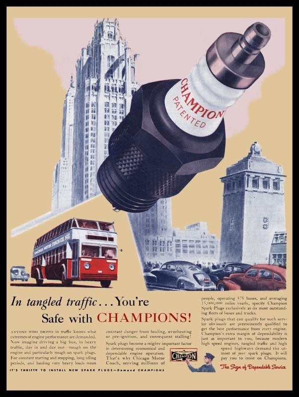 1939 Champion Spark Plugs Chicago Motor Coach Bus Pic. New Metal Sign: 12×16″
