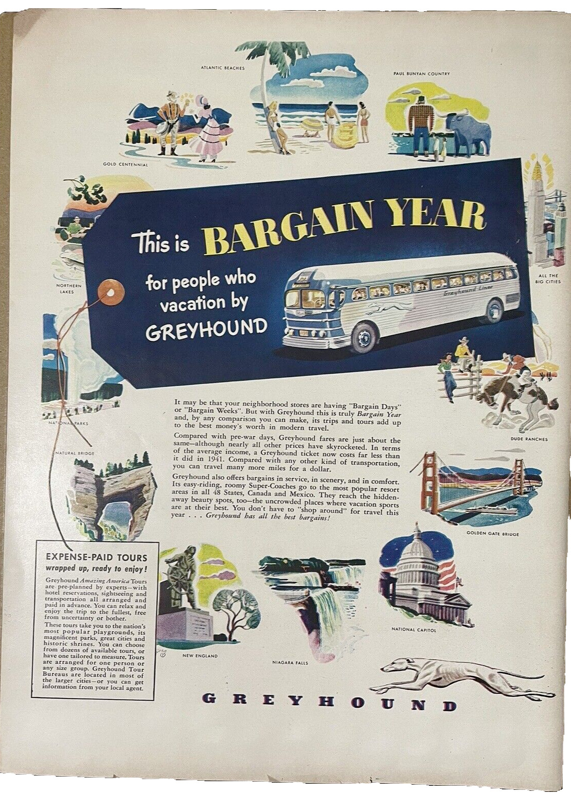 Greyhound Bus Print Ad Vintage Bargain Year Large Ad Vacation Destinations 1950