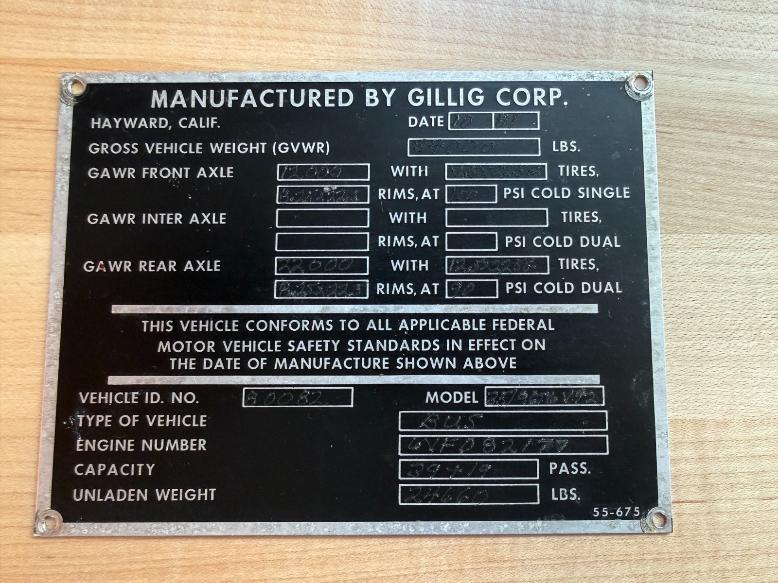 Gillig Phantom transit bus metal builder’s plate – 1981