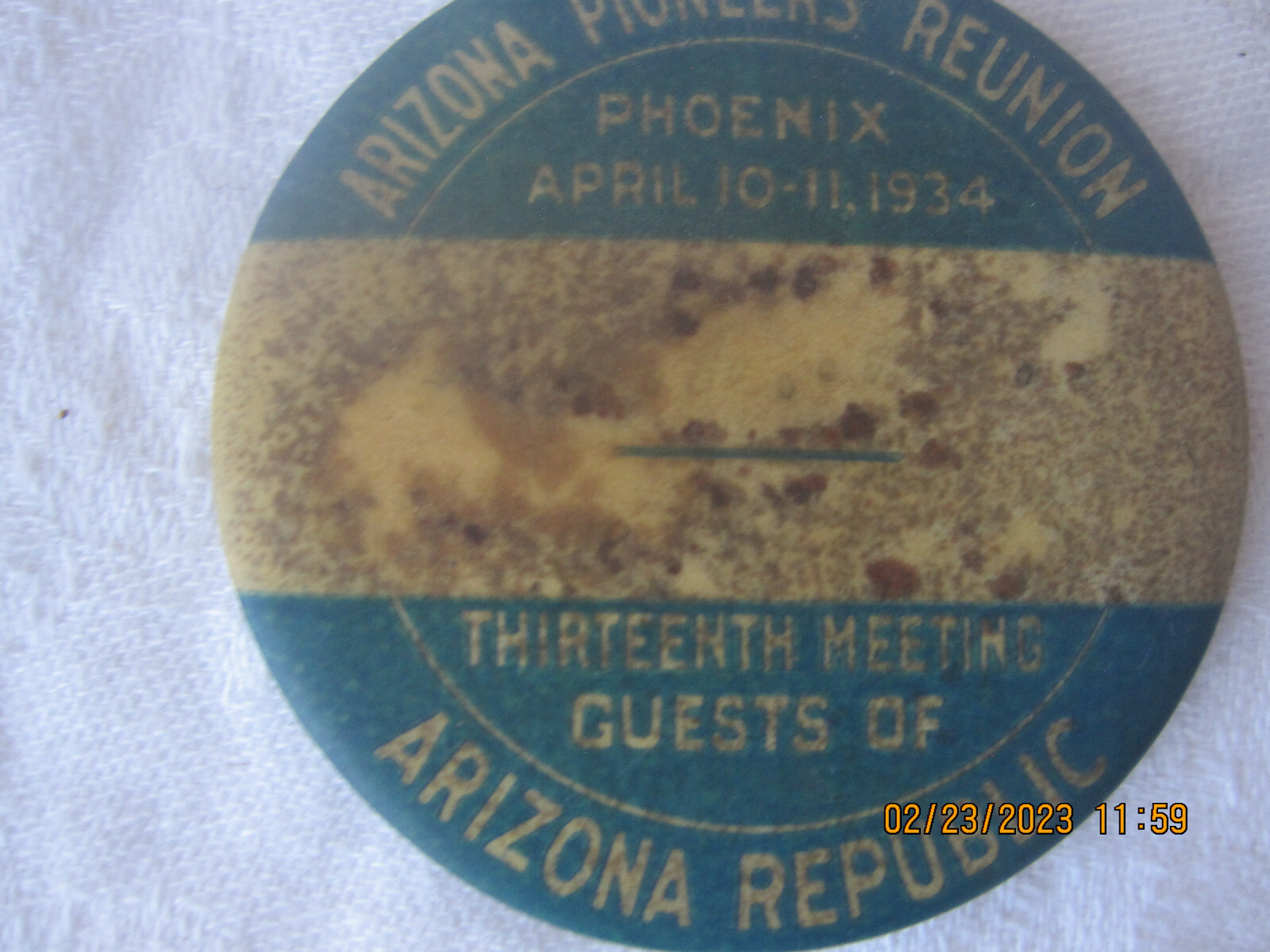 ARIZONA PIONEERS REUNION-ARIZONA REPUBLIC 1934 vintage Guest button 13th meeting