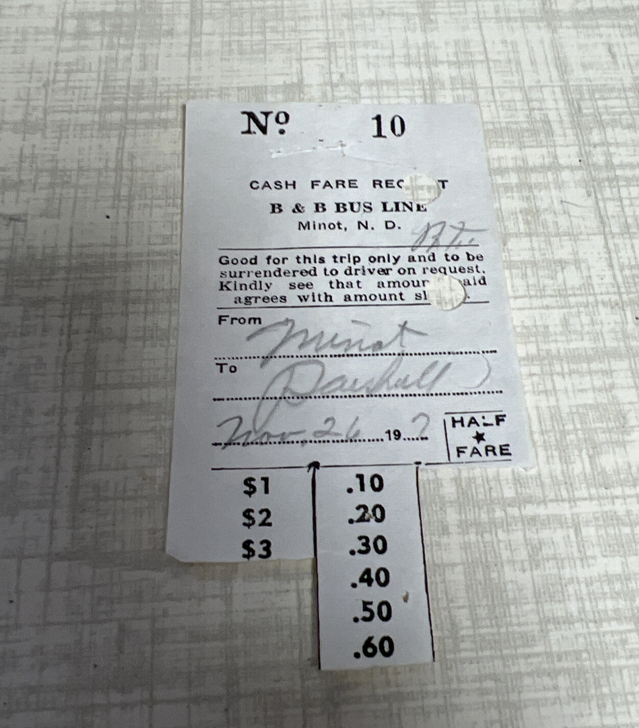 6 BUS TICKETS & YELLOW CAB FROM NORTH DAKOTA B& B BUS LINE MINOT MOTOR COACH