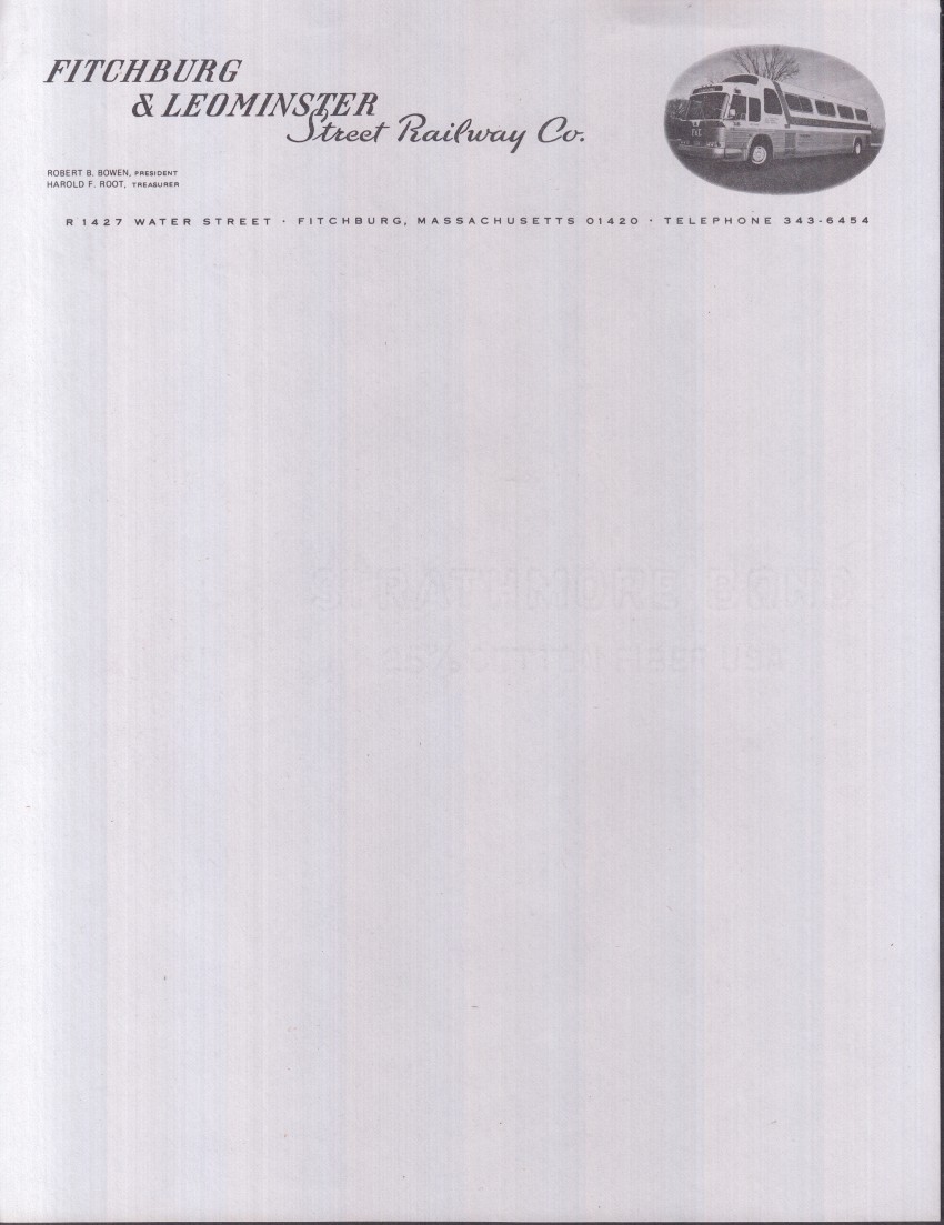 Fitchburg & Leominster Street Railway letterhead & envelope 1960s bus