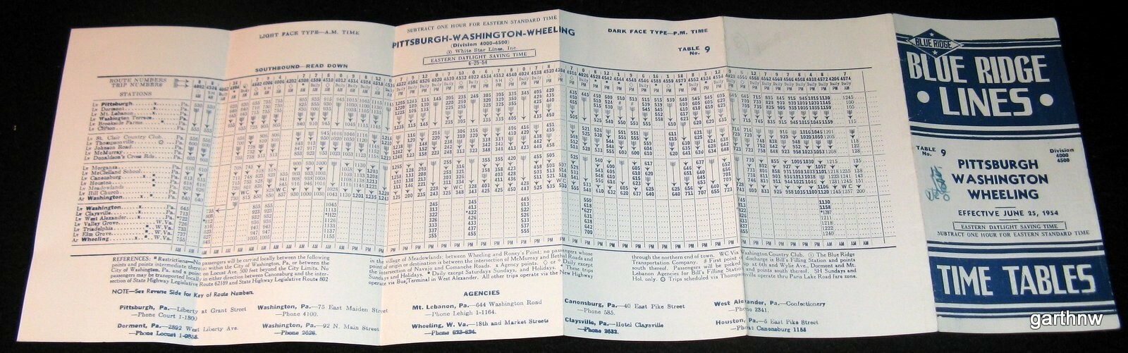 BLUE RIDGE LINES 1954 BUS TIME TABLES PITTSBURGH WASHINGTON WHEELING