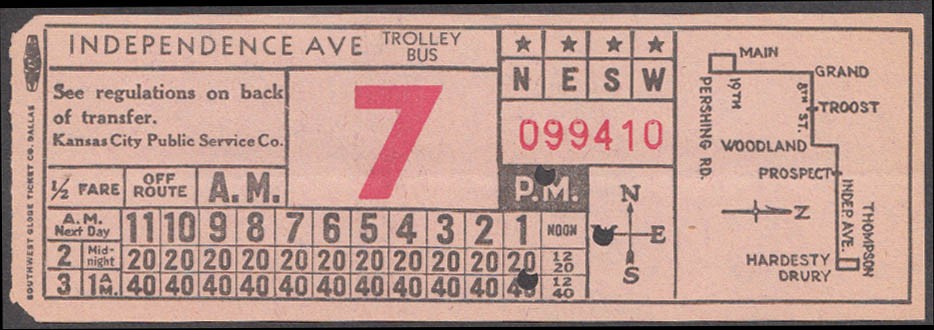 Kansas City KS Public Service Independence Avenue Trolley Bus transfer ca 1940s