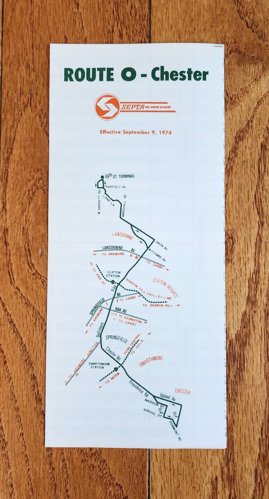 1974 SEPTA BUS TIME TABLE ROUTE O PHILADELPHIA PA