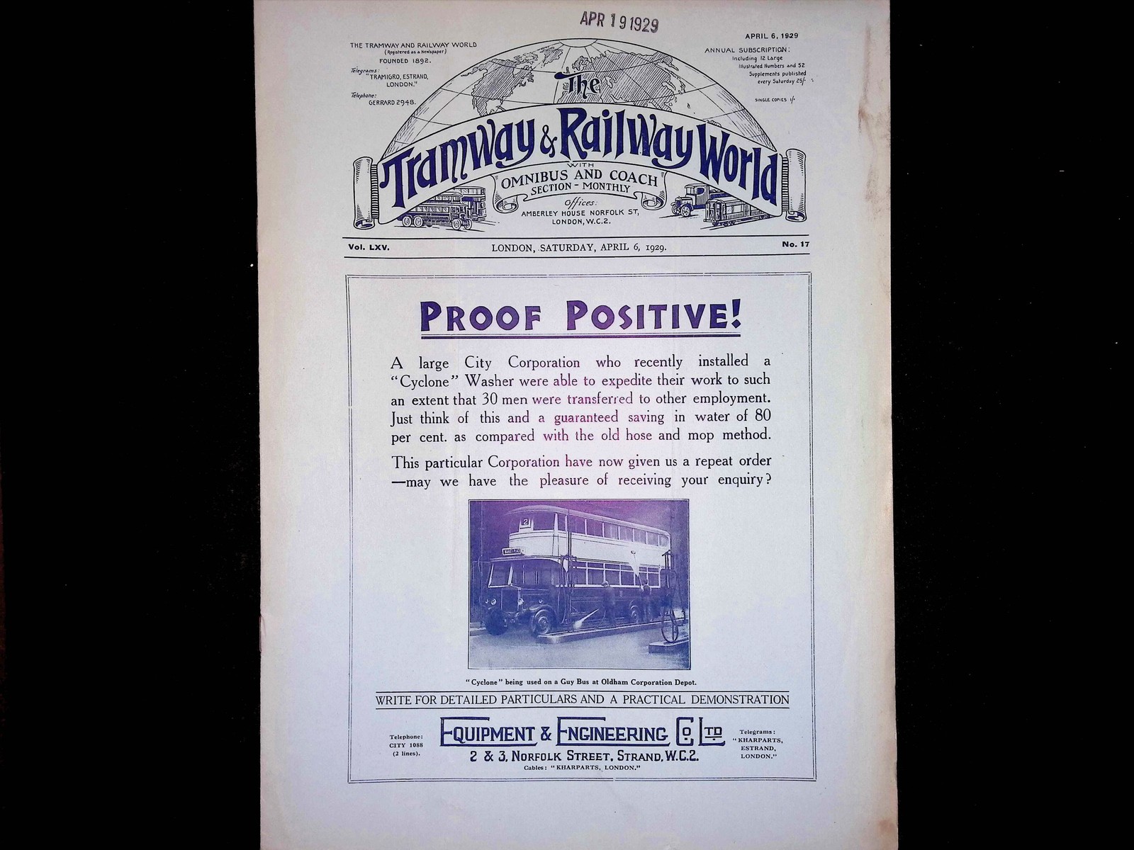 Tramway & Railway World Apr 1929 Guy Bus Cyclone Washer Ad Oldham London