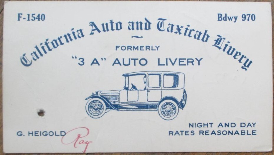 Los Angeles, CA 1915 Taxi Cab Business Trade Card, Auto Livery California Cal