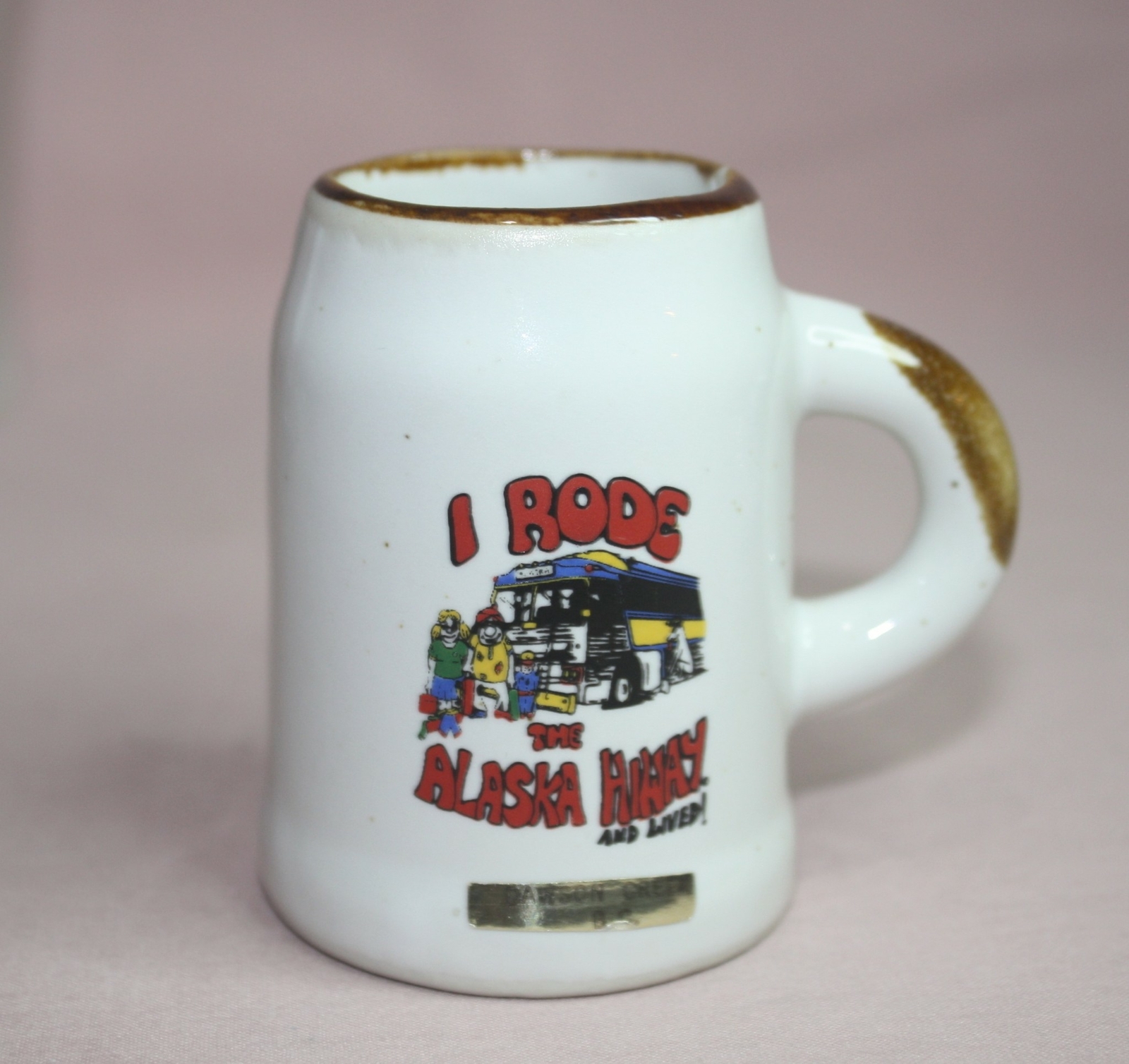 COLLECTIBLE ALASKA HIWAY. MINI MUG / TOOTH PICK HOLDER GREY HOUND BUS TRAVEL