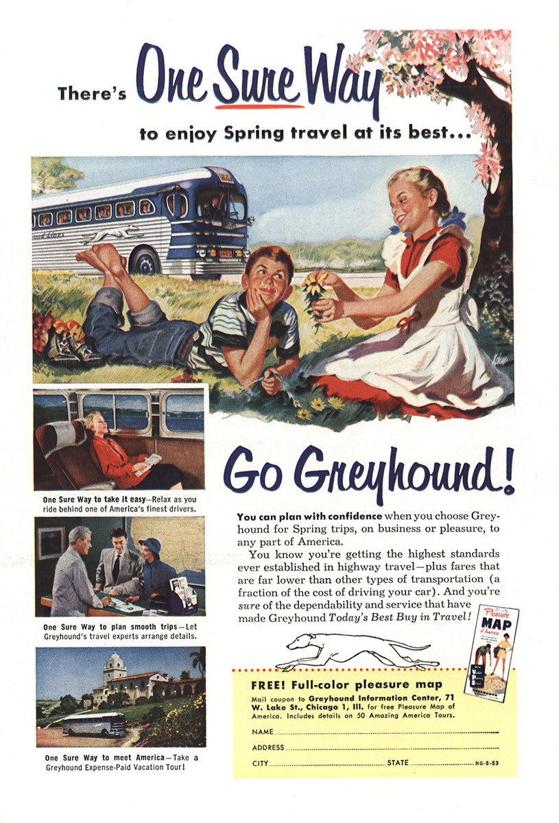 1953 Greyhound: Enjoy Spring Travel Vintage Print Ad