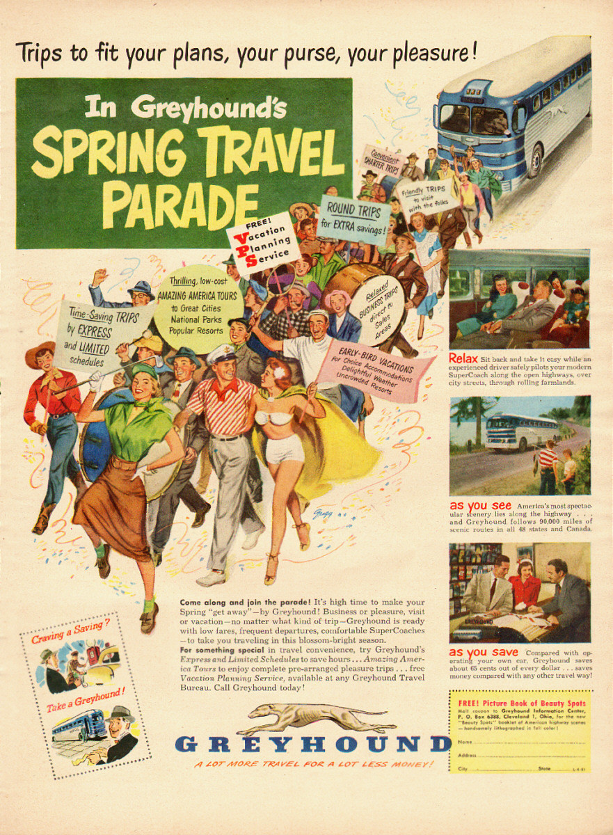 1951 vintage Ad, Greyhound Bus LInes’ Spring Travel Parade’ -021014