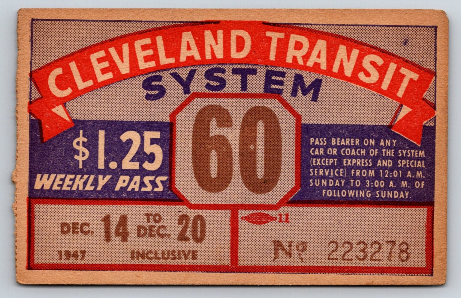 Cleveland Transit System 1947 Weekly Pass Vintage Ohio (#23)