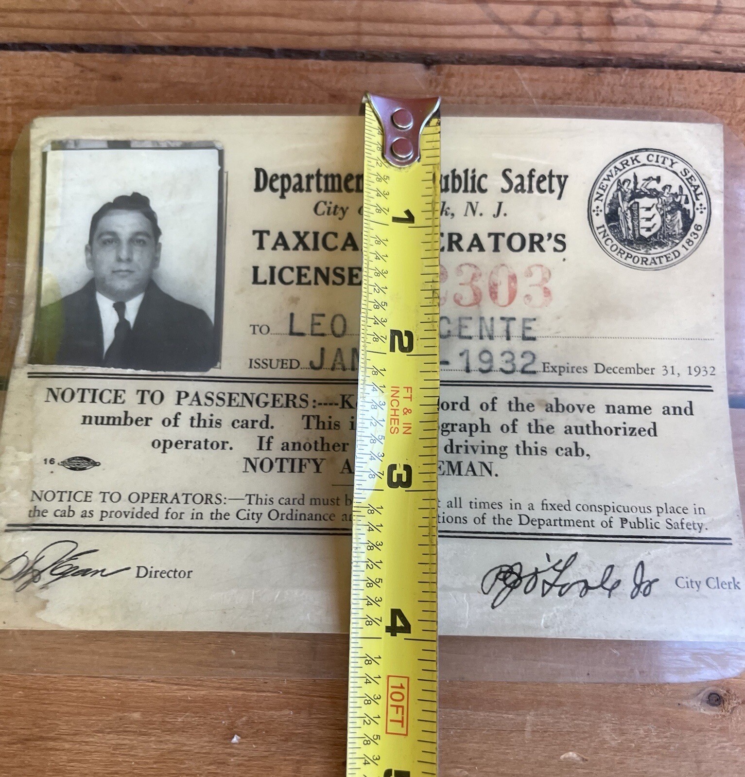 Vintage 1932 Dept Of Public Safety Newark NJ Taxi License With Photo