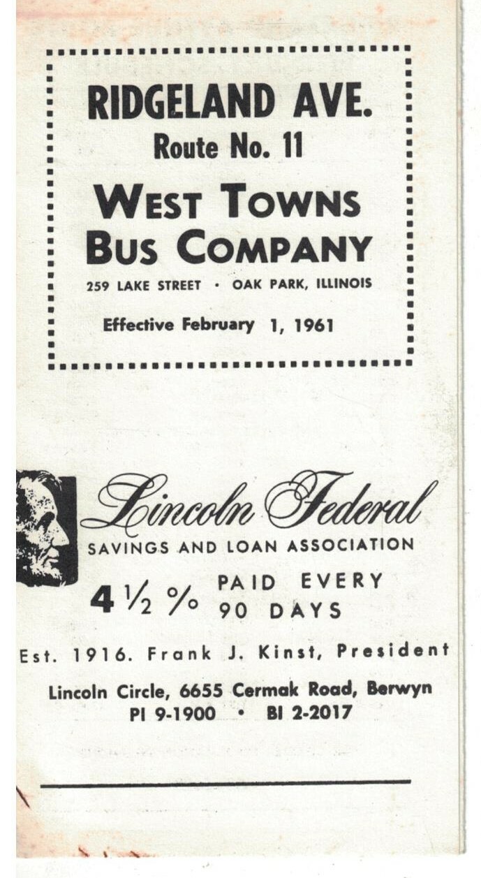 Vintage 1962 West Towns Bus Co Oak Park IL Schedule No.11