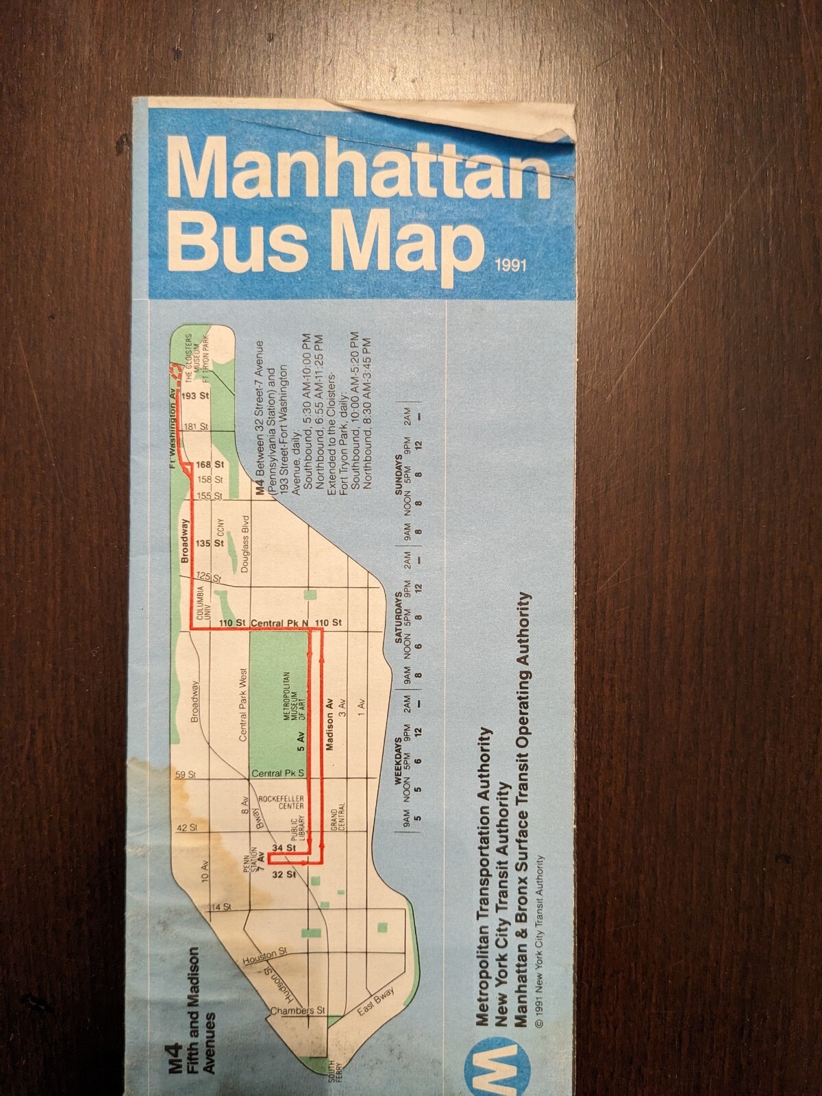 New York City Transit Manhattan Bus Map 1991