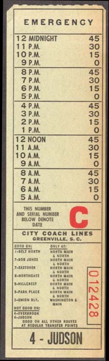 City Coach Lines Greenville NC Judson bus transfer 1955