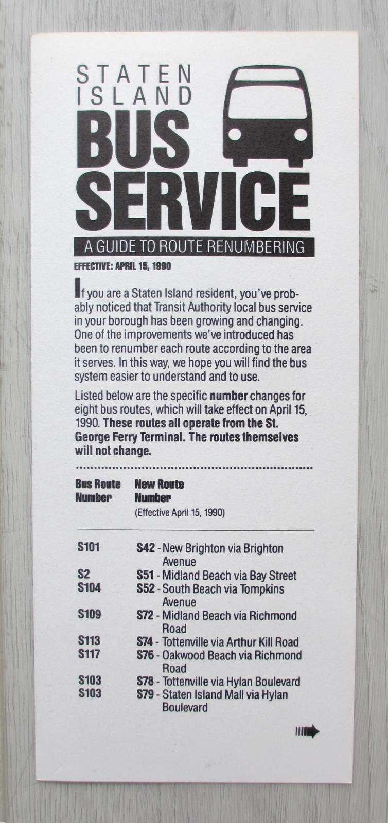 Vintage 1990 New York City Staten Island Bus Service Route Renumbering Page NYC