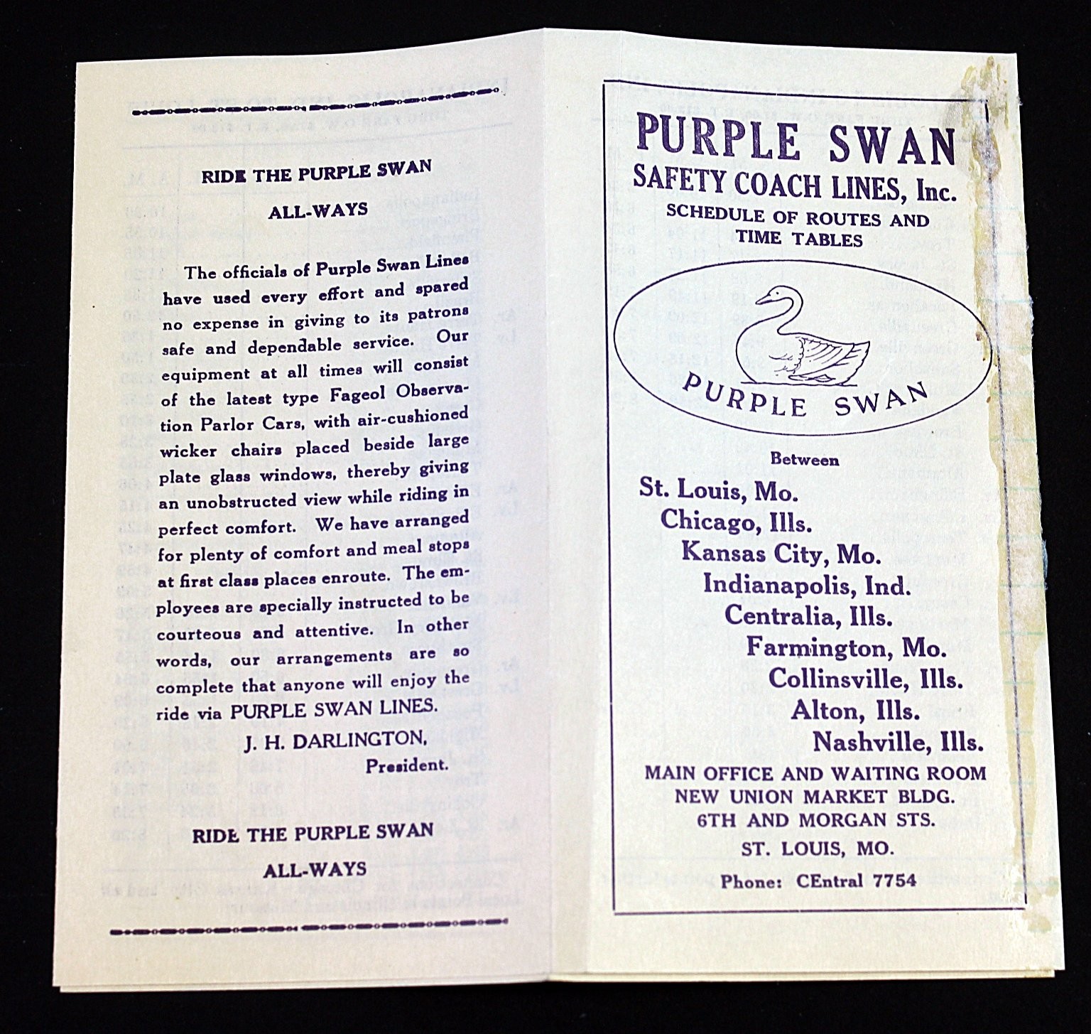 Purple Swan Safety Coach Bus Lines Folding Schedule and Time Table Routes 1928