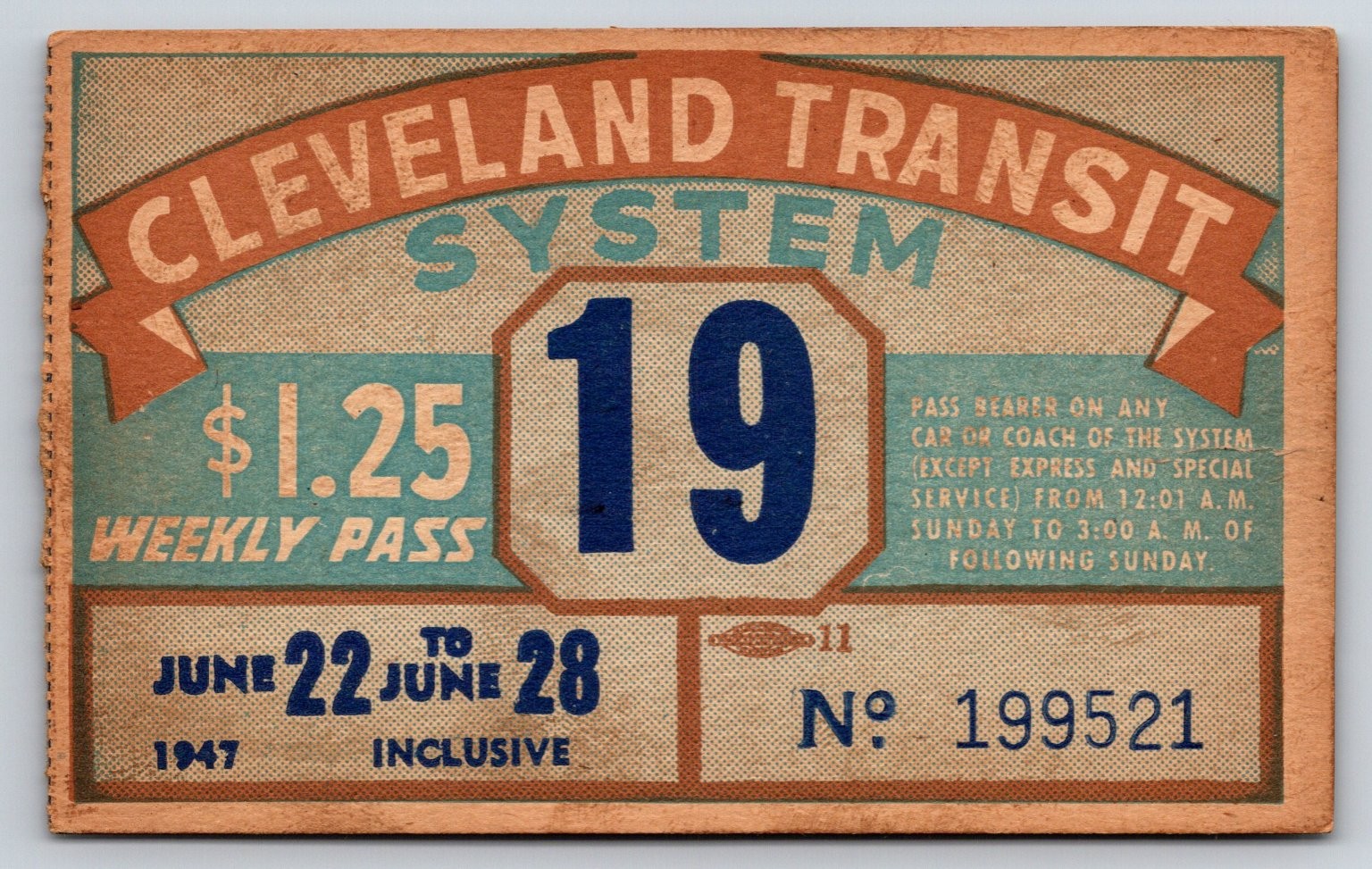 Cleveland Transit System 1947 Weekly Pass Cleveland Ohio (#51)