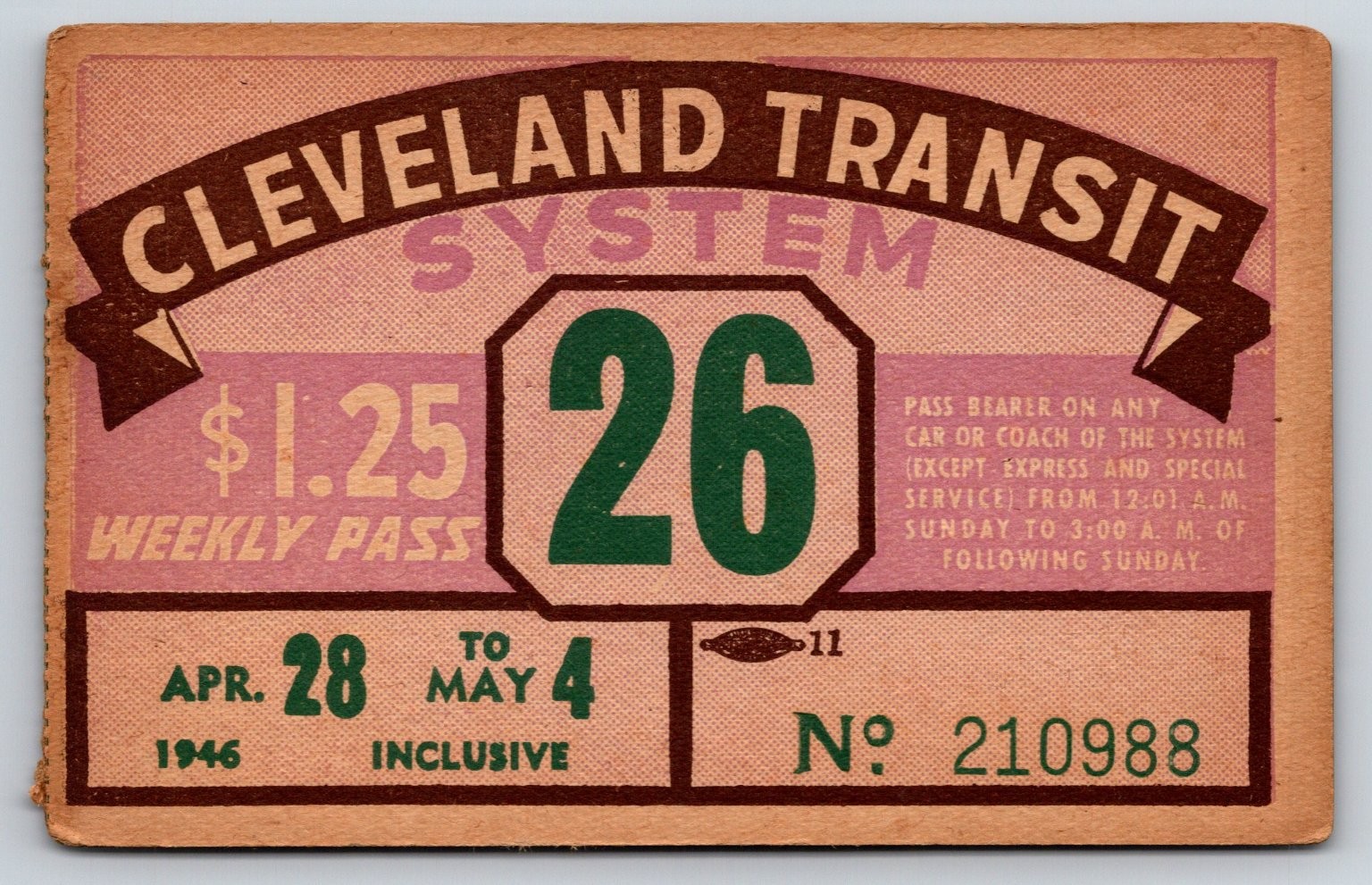 Cleveland Transit System 1945 Weekly Pass Vintage Bus Ticket (#44)
