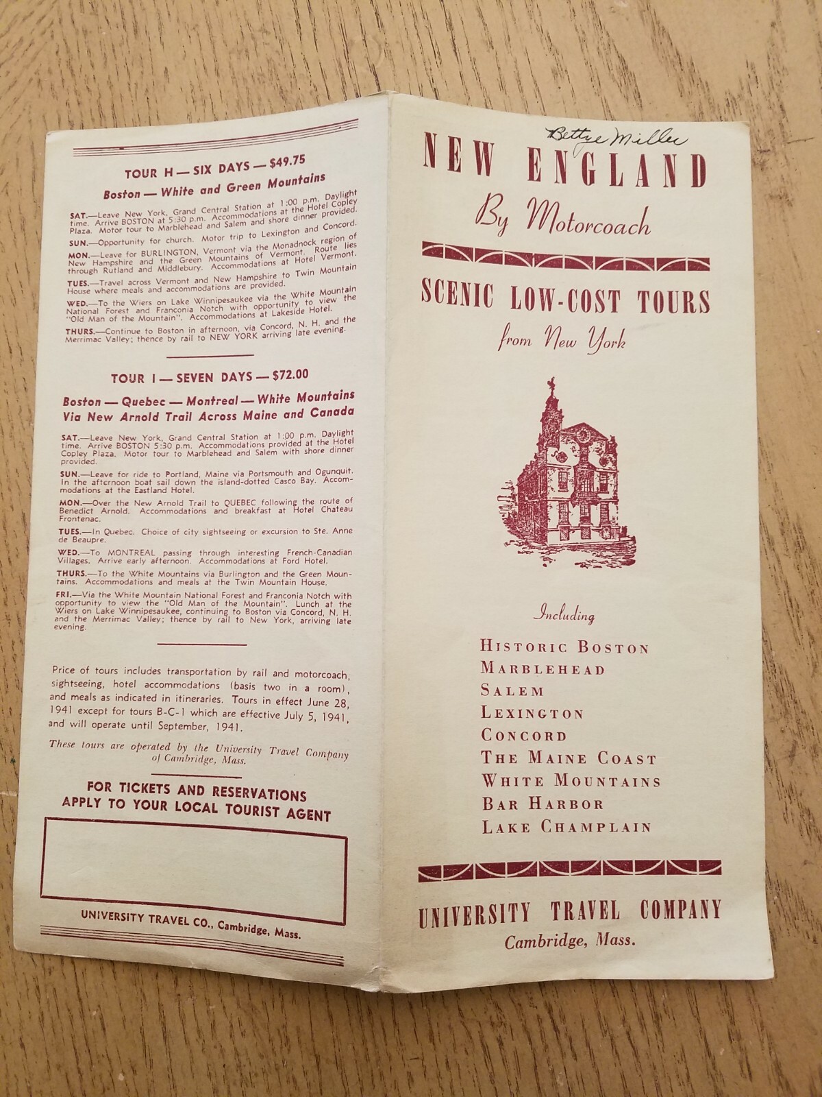 RARE 1941 New England by Motorcoach Bus Tours Pricing Brochure Cambridge MA Univ