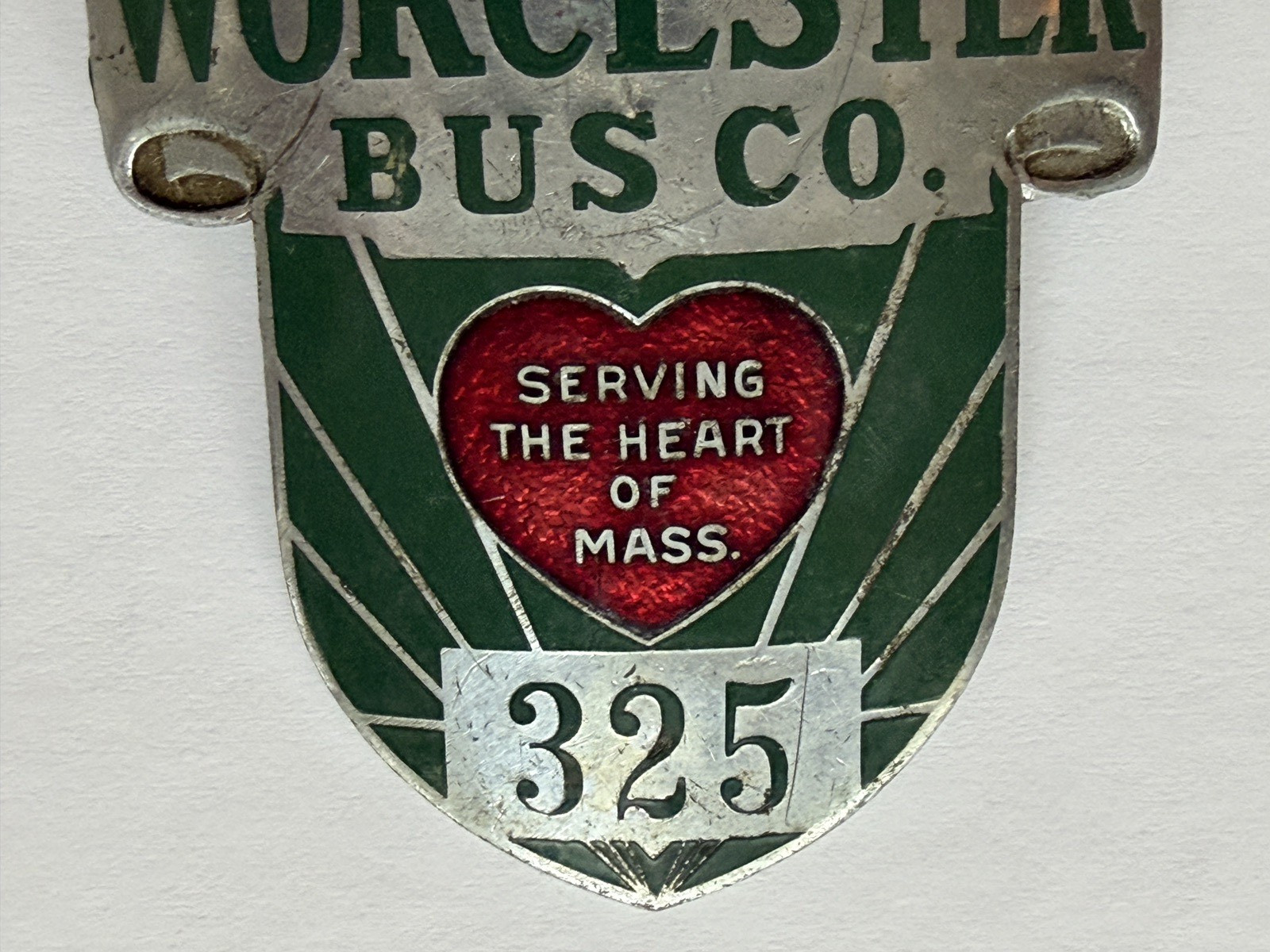 Vintage Worcester Bus Co Driver Badge 325 Cloisonne Shield Heart of Mass