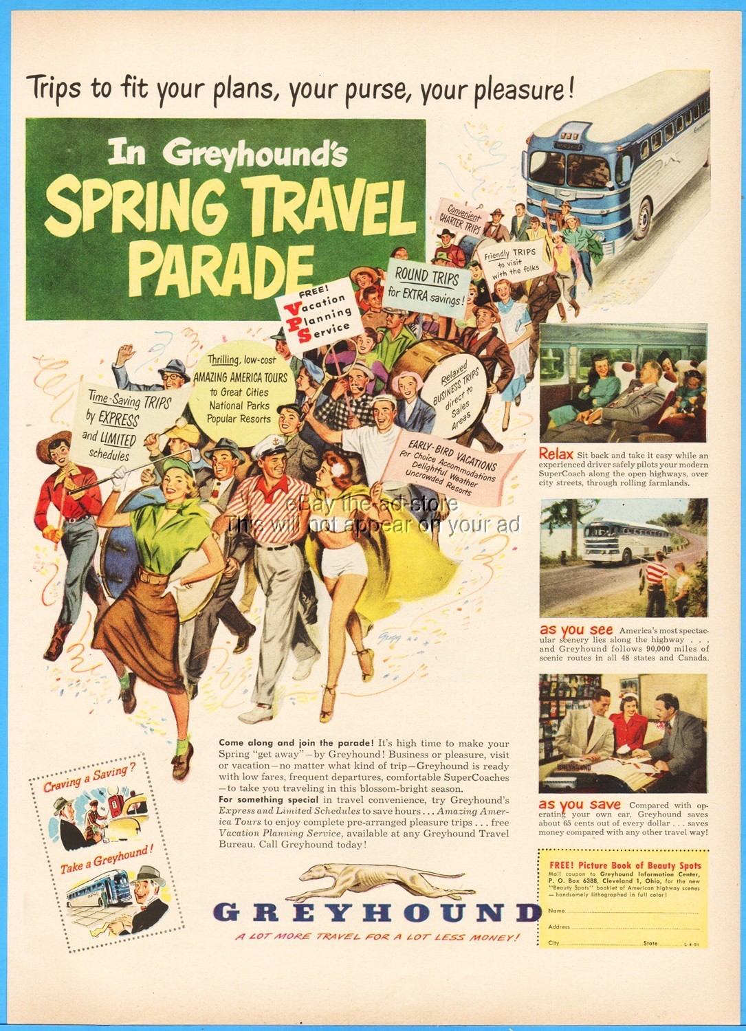 1951 Greyhound SuperCoach Bus Spring Travel Parade Vintage Print Ad Super Coach